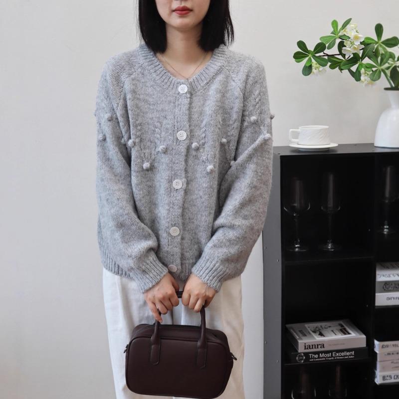 Autumn and winter new design sense heavy industry crochet knitted cardigan loose soft waxy crew neck sweater jacket women