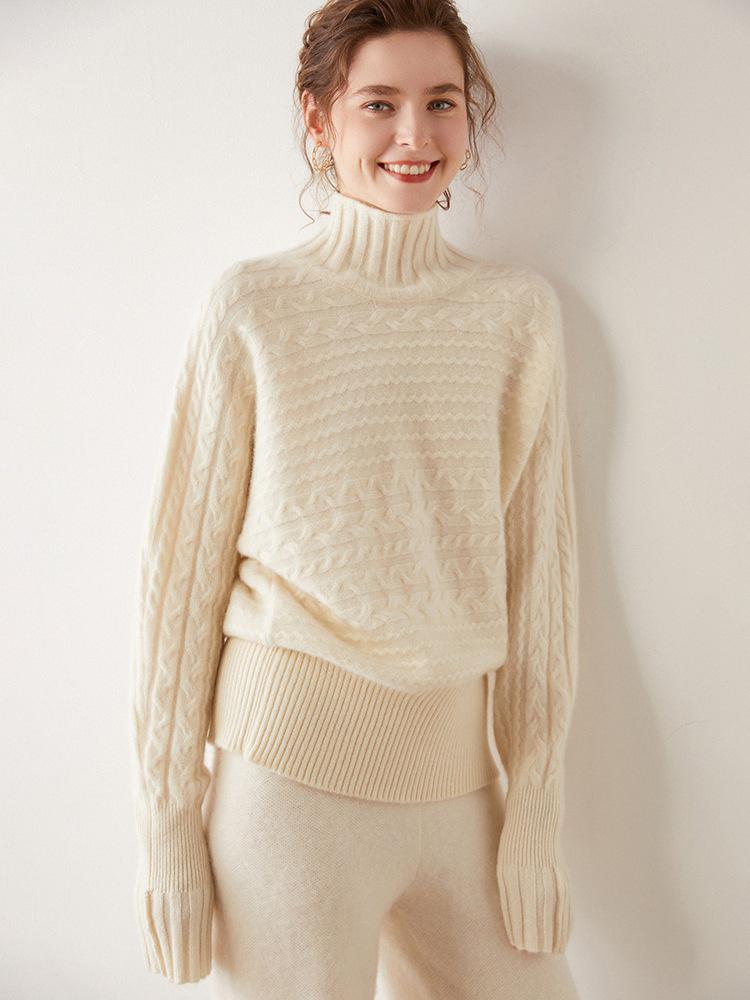Women's Retro High-Neck Cable Knit Cashmere Sweater, Loose-Fit, Light Color, Pullover Style