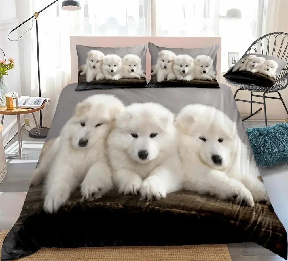 Samojedhund Påslakan King Queen Size Härligt Leende Husdjur Valp Sängkläder Set Vuxna Kvinnor Söt Vit Djur Polyester Täcke