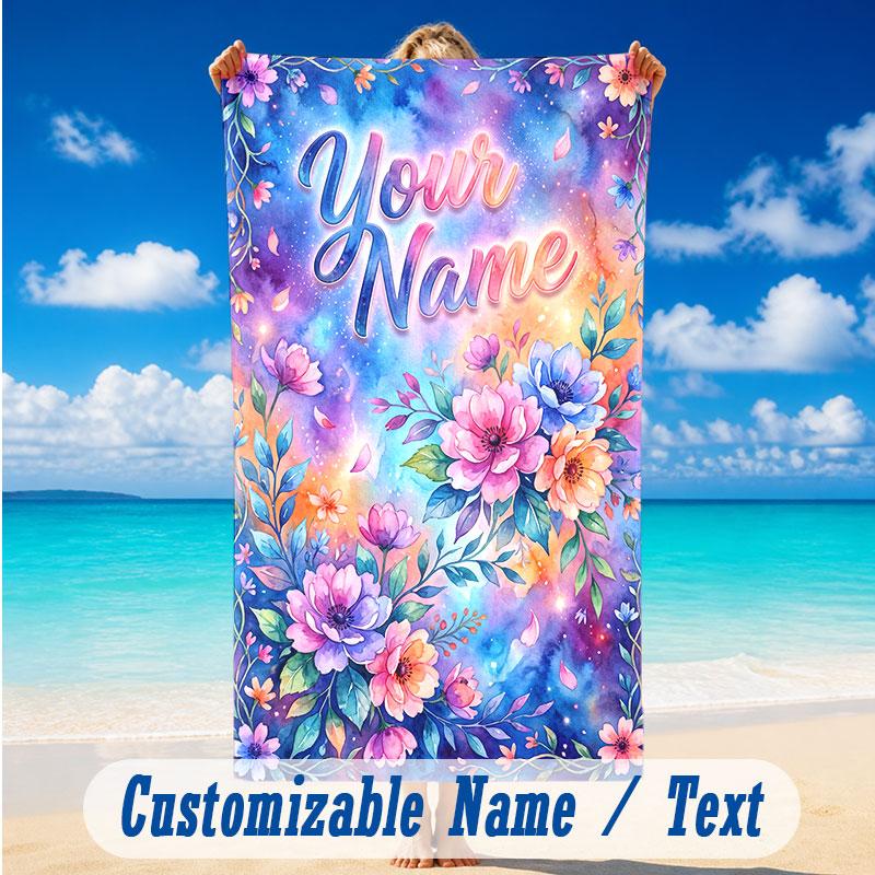 Floral Garden Theme Beach Towel Personalized Custom Name & Text Soft Quick Dry Beach Towel for Swimming Travel