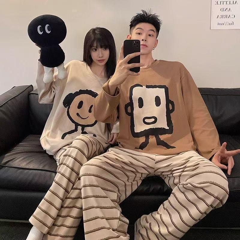 [BOGO] Cartoon Striped Couple Pajamas - Men's & Women's Plus Size, Round Neck, Long Sleeve, Spring/Autumn Korean Style Homewear Set