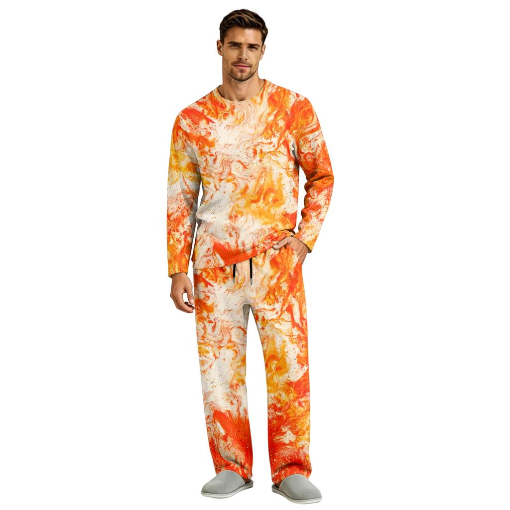 Men's Pajama Set Long Sleeve Top and Long Pants with Button Crotch and Elastic Drawstring Waist for Home Loungewear