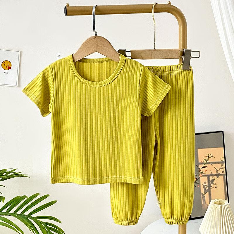 

Летний детский комплект из тонкого шелка с короткими рукавами для мальчиков, однотонные леггинсы, пижамы для малышей 140