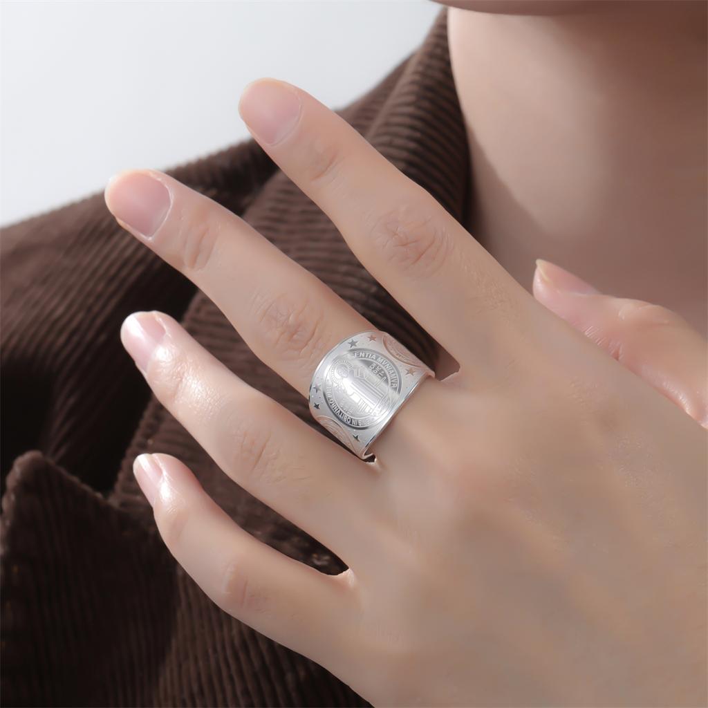 EUEAVAN Saint Benedict Ring Stainless Steel Christian Pray Blessed Adjustable Ring for Men Religious Amulet Jewelry Gift
