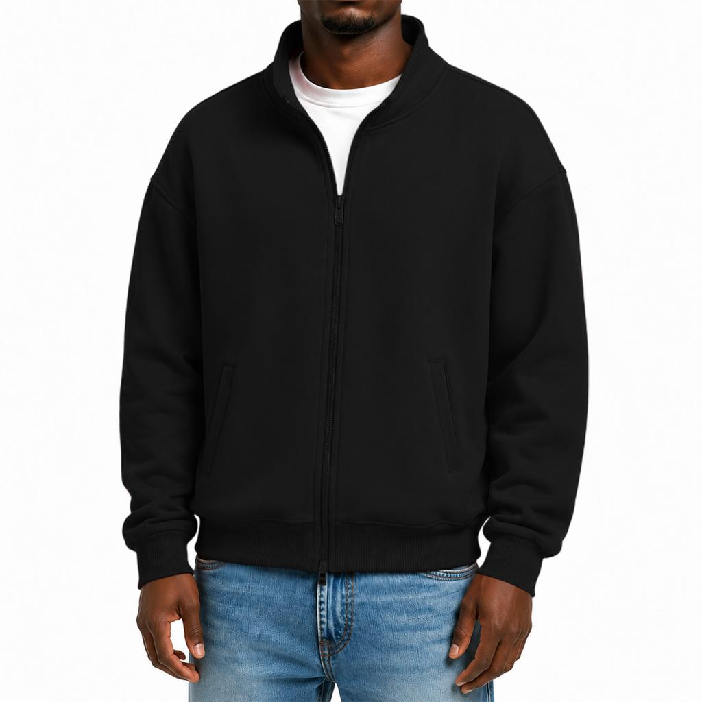 Men's Stand Collar Long Sleeve Zip-Up Sweatshirt with Two-Way Zipper for Spring and Fall