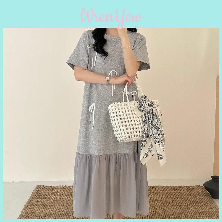 Summer Elegant Knit Dress With Puff Sleeve And Splicing For Casual Wear