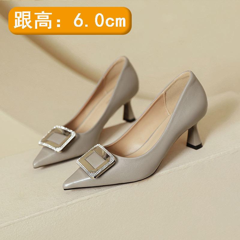 Black Temperament Pointed High Heels Women's Thin Heels 2025 New Spring and Autumn Women's Shoes Rhinestone Square Buckle French Light Mouth Single S
