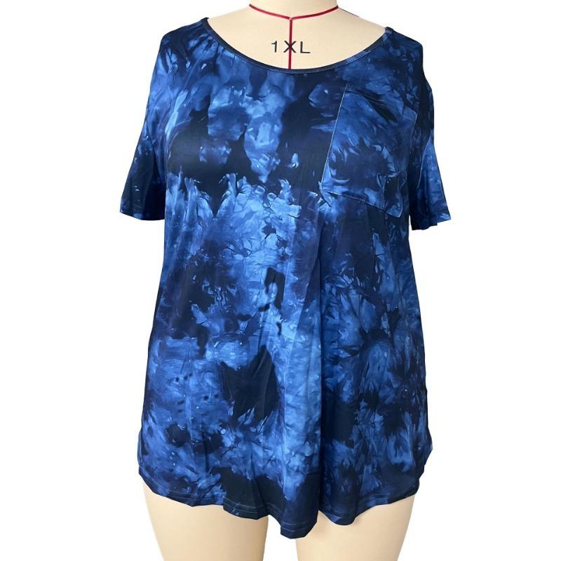 Women's Plus Size Summer Fashion V Tie Pocket Tie Dye Short Sleeved T Shirt
