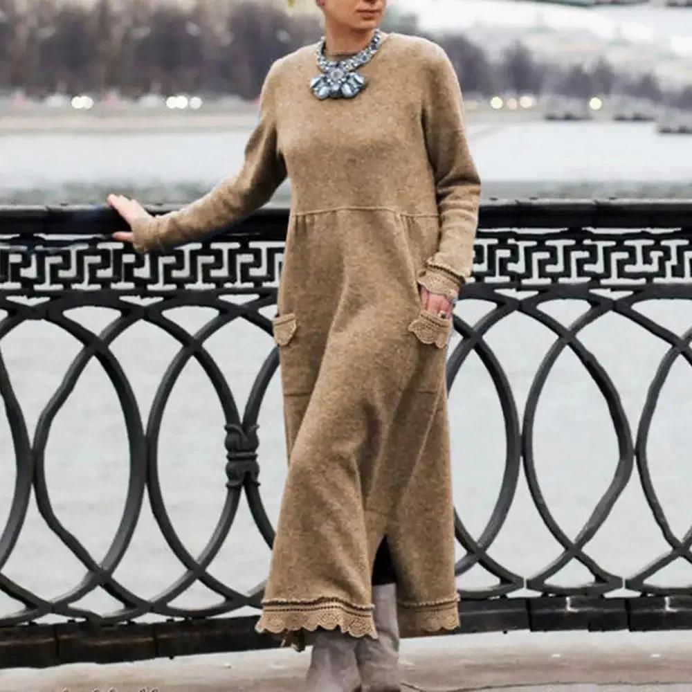 Noua fustă lungă lejeră de toamnă și iarnă, plus hanorac din catifea, rochie ocazională, rochie de vacanță, solidă, cu decolteu, cu mânecă lungă