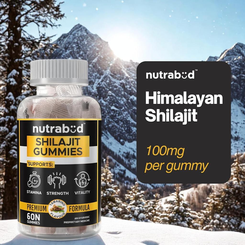 Nutrabud Pure Shilajit Gummies 100mg For Daily Energy And Stamina Support Tamarind Flavour Veg Supplement 60 Count Pack Of 1