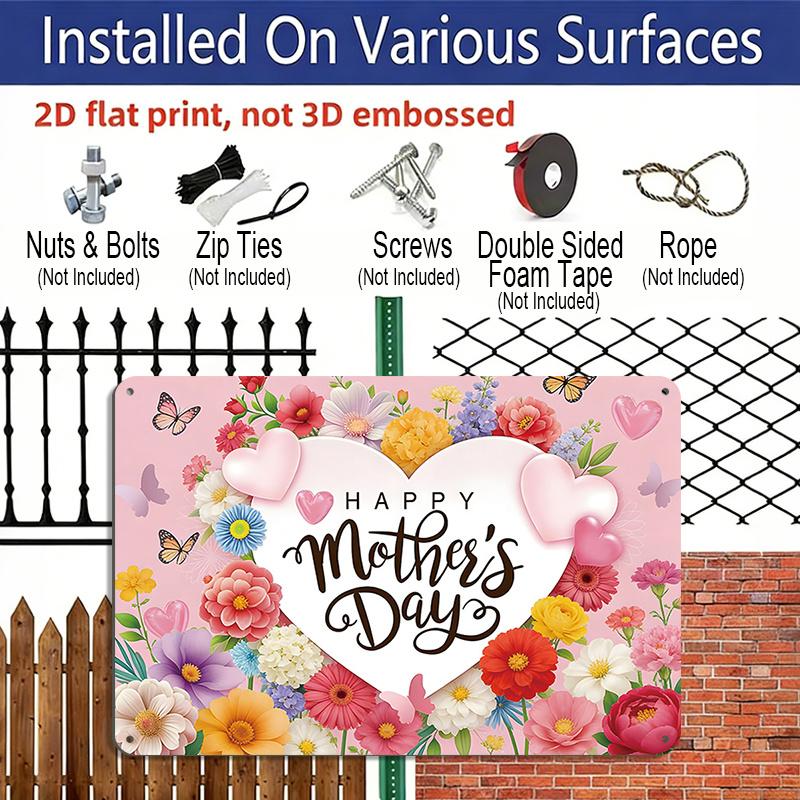 2D Flat, 1pc "Happy Mother's Day" Floral Plaque, 12"×8" - Pink Heart & Flower Decor Sign, Multicolor - Aluminium Wall Hanging Decoration for Home