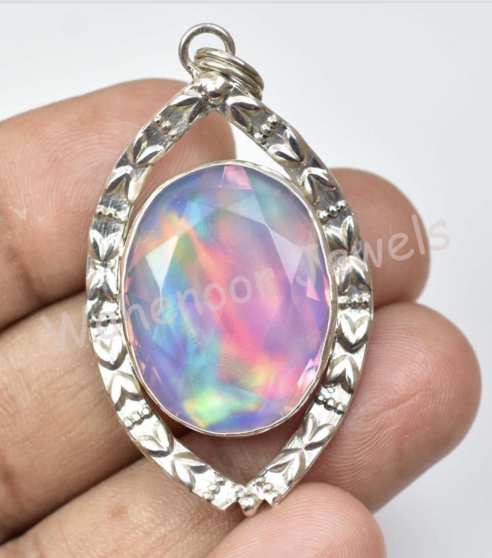 

46 Ct Fire Aurora Opal Oval 925 Sterling Silver Handmade Pendant Certified For Women Gift срібний