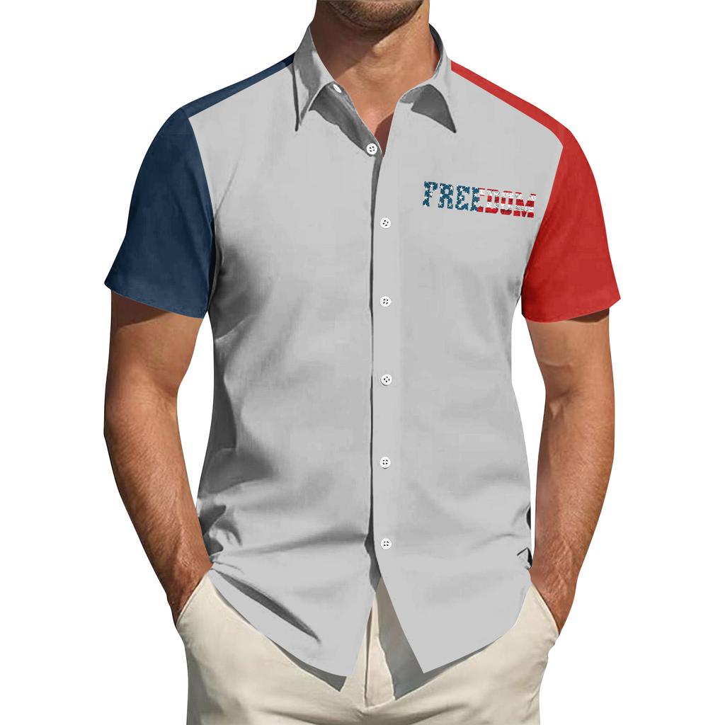 Top da Uomo Stampato per il Giorno dell'Indipendenza con Colletto Camicia Casual Sportiva a Maniche Corte da Uomo