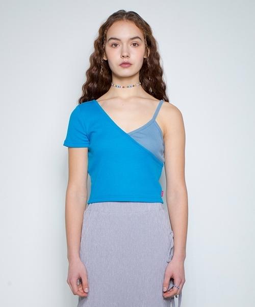 Fake Mama Asymmetrical Color Block Crop Top [Blue] Blue