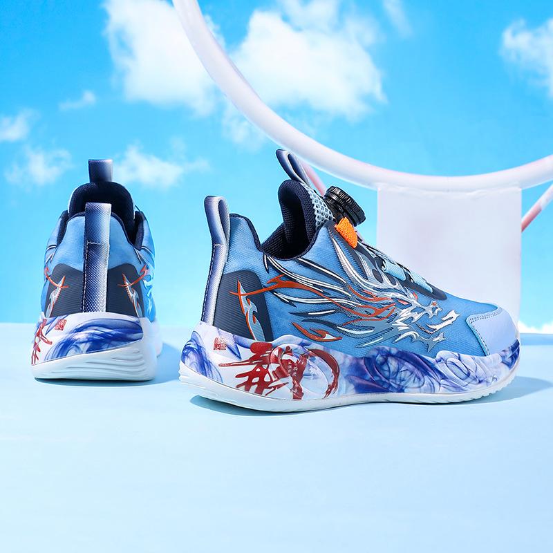 Spring and Summer Ice Silk Mesh Children's Sports Shoes Rotating Buckle Light Boys Running Shoes Primary School Students Trend Graffiti Running Shoes