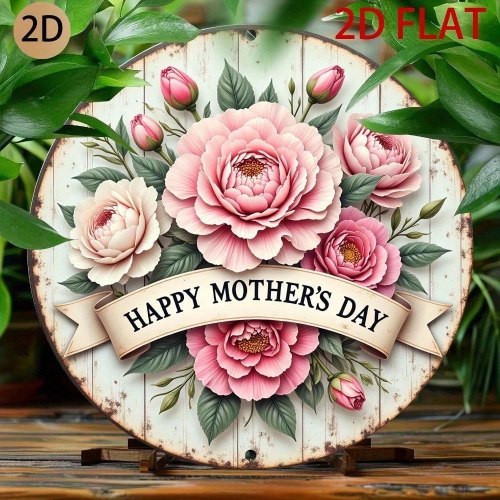 2D Round Aluminum Mother's Day Plaque 7.87" Peony Wall Art Decor