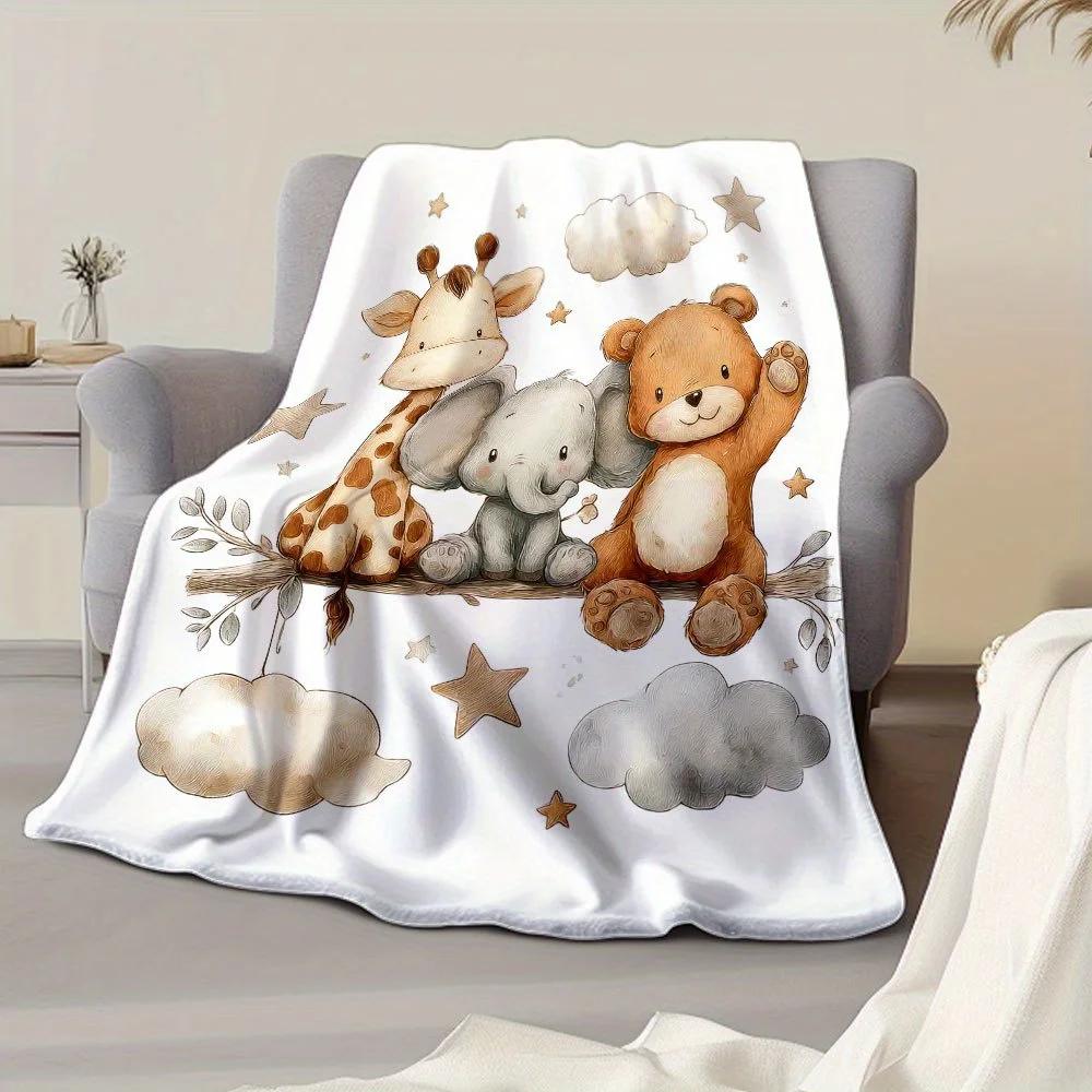 Flannel Animal Print Blanket - Giraffe, Elephant, and Teddy Bear Pattern Blanket, Soft and Lightweight Bedding40x60