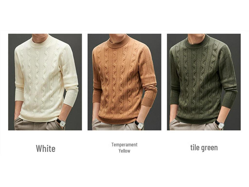 Men's Thick Cable Knit 100% Wool Sweater - Warm and Casual Autumn/Winter Base Layer Knitwear