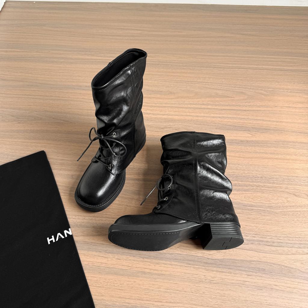New retro British Martin boots women's splicing pile medium boots thick heel thick sole knight boots pant tube boots