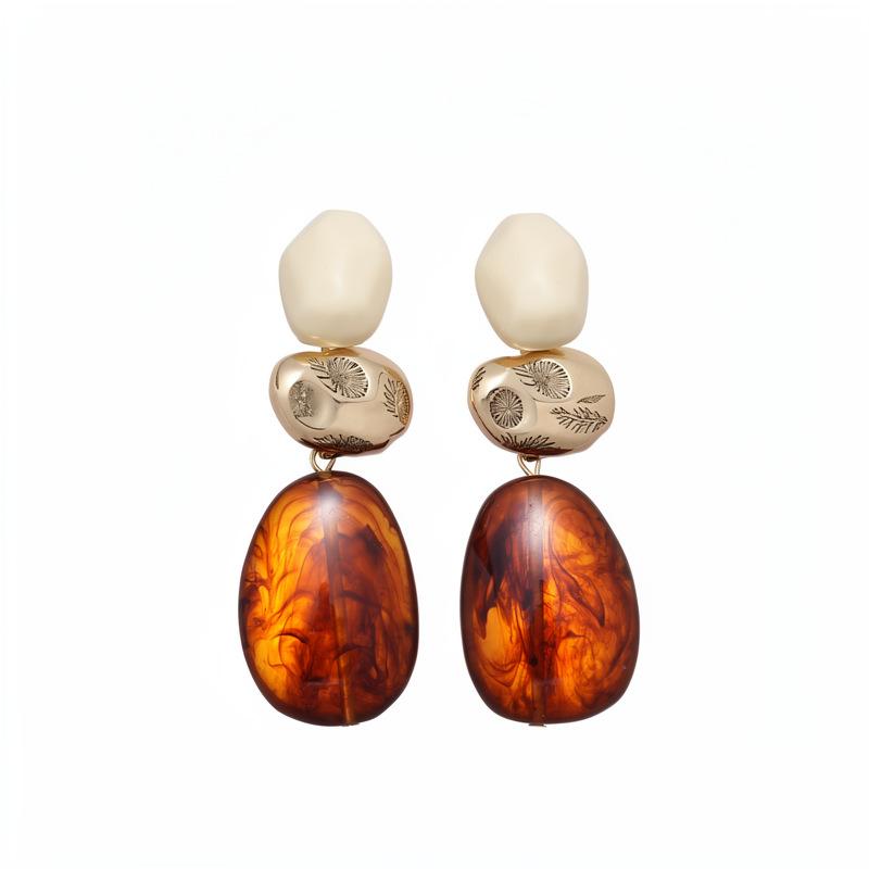 European and American Contrasting Colors Resin Oval Geometric Silver Needle Earrings Retro Maillard Stud Earrings Premium Niche Earrings