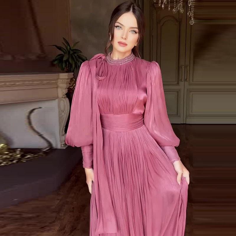 Womens Fashion Evening Dress Slim Waist Long Sleeve A-Line With Rhinestones