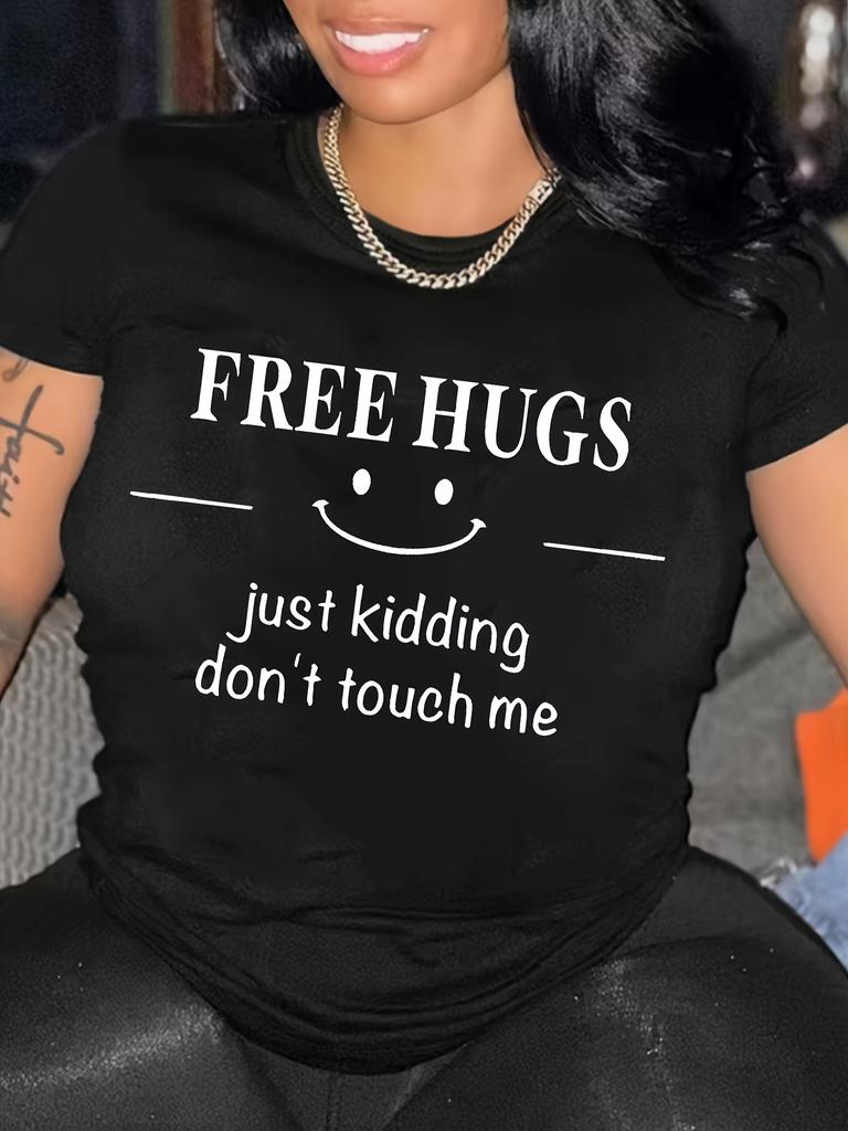 FREE HUGS Graphic Tee Soft Slight Crew Neck Top Womens Harajuku Short Sleeve Casual Womens Tshirt Clothing Street Aesthetic