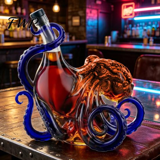 Octopus Wine Bottle 3D Whiskey Decanter, Nautical Art Collectible Bottle, 350ml Glass Unique Design Decorative Liquor Home Bar Decanter for