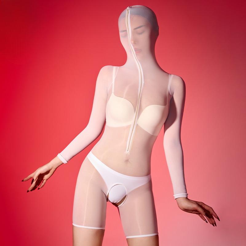 Mens Womens Sexy Lingerie Bodysuit Shiny See-Through Slim Five Fingers/Long Sleeves Bodycon Zipper Hooded Full Body Romper