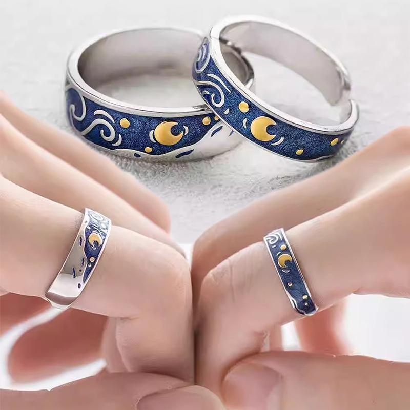 S Couple Van Gogh Night Open Rings For Women Men Simple Fashion Design Copper Color Lovers Blue Starry Sky Ring Party Jewelry