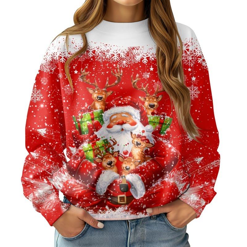 Christmas Round Neck Long Sleeved Pullover Comfortable Warm Loose 3D Printed Cute Santa Claus Snowflake Pullover