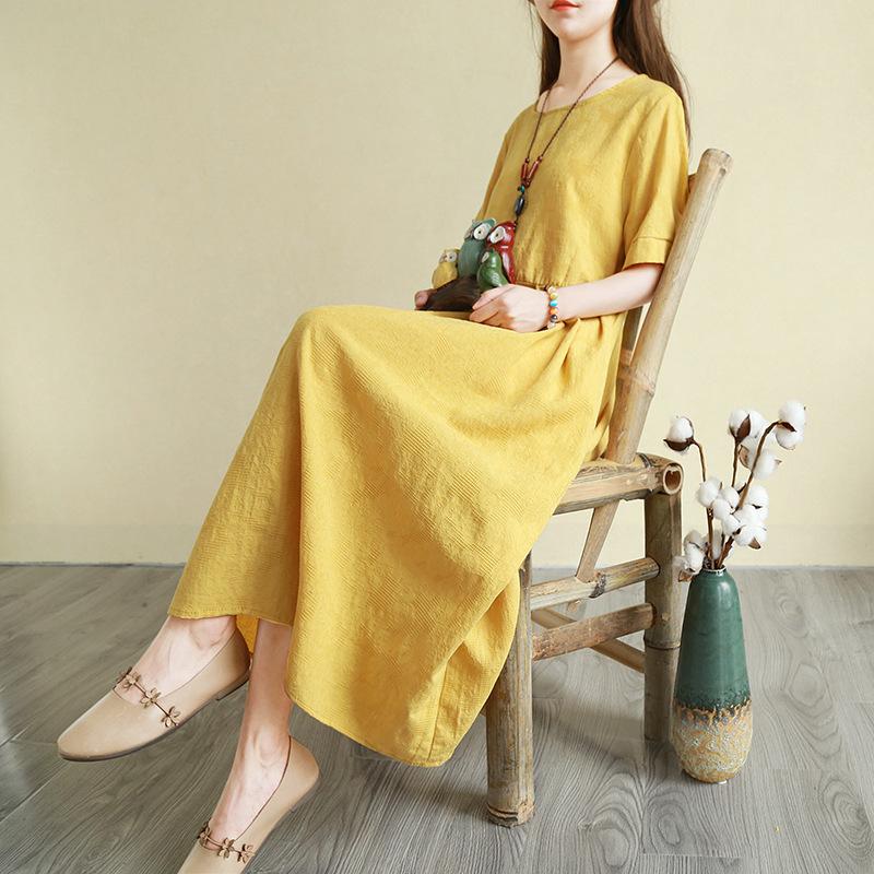 

2025 лето новое ретро платье из хлопка и льна с короткими рукавами длинное свободное вышитое длинное платье для детей 2XL жёлтый