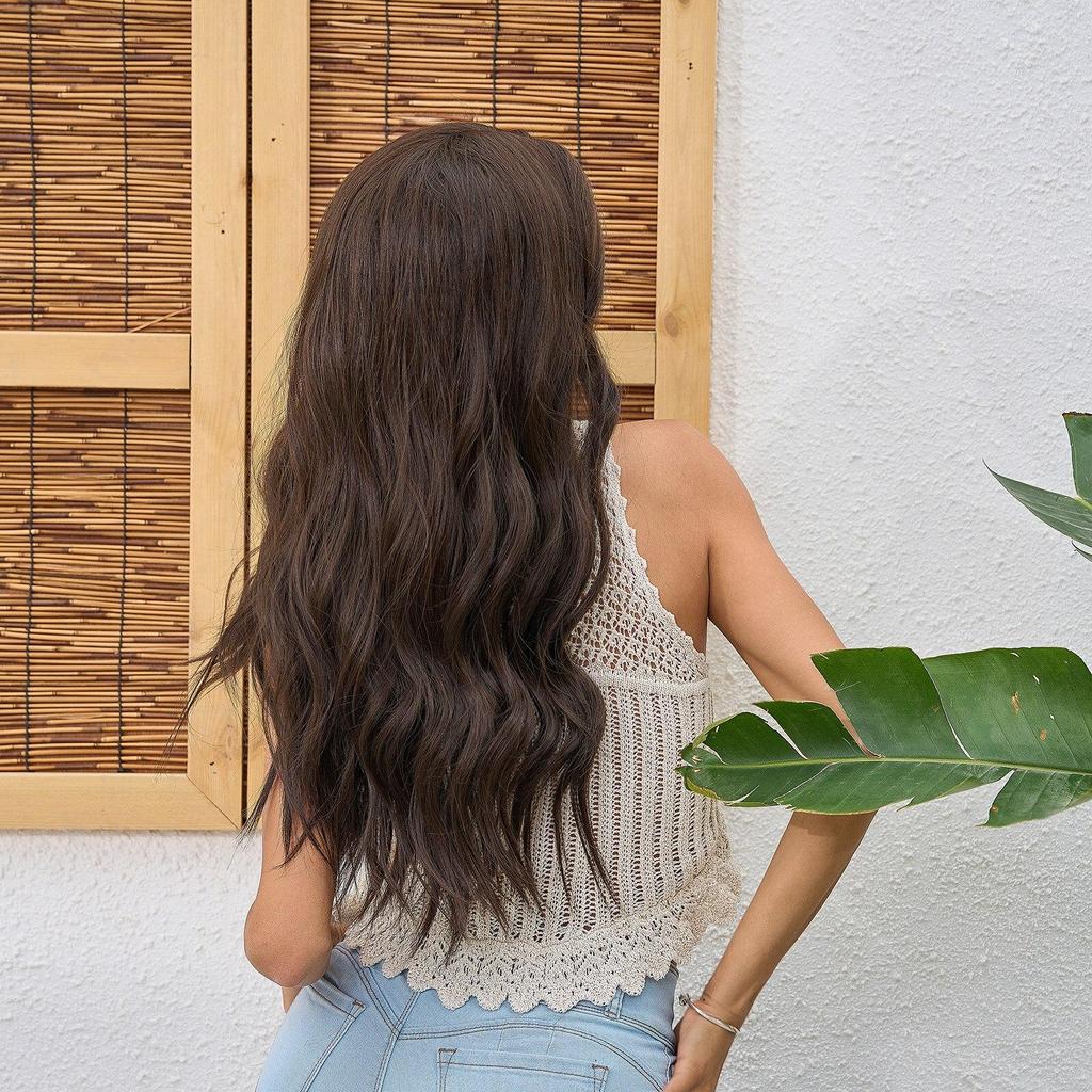 ALAN EATON Long Water Wavy Dark Brown Synthetic Wigs Middle Part Natural Looking Daily Party Wig for Women Heat Resistant Fiber