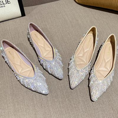 Fashion String Bead Moccasins Femme Ballerina Shallow Slip On Loafers Pointed Toe Sneakers Women Ins Shoes Pearl Rhinestones Flats Woman