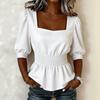 Women Puff Sleeve Smocked Waist Square Neck Blouse Ruffle Hem Solid Color Shirt Casual Top for Daily Wear
