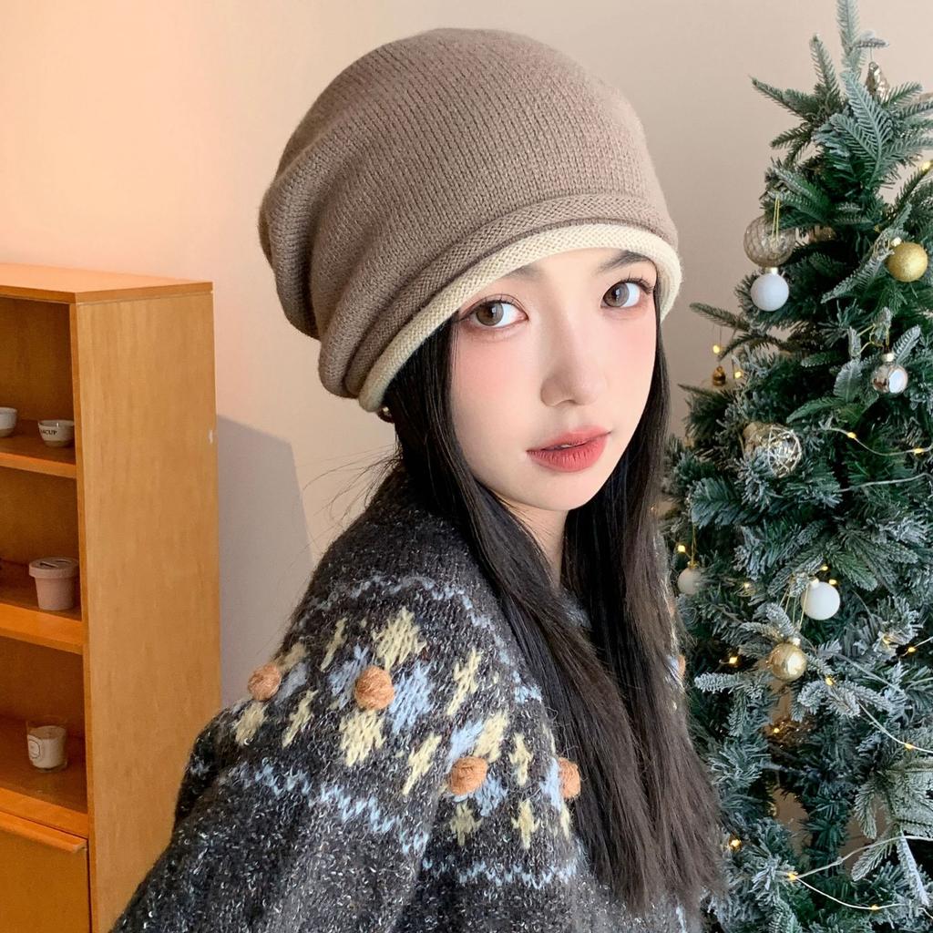 Double rolled Edge Drawstring Pile Hat Women's Warm Headscarf  Cold Hat  Big Head Circumference  Making The Face Look Smaller  Versatile Knitted Hat