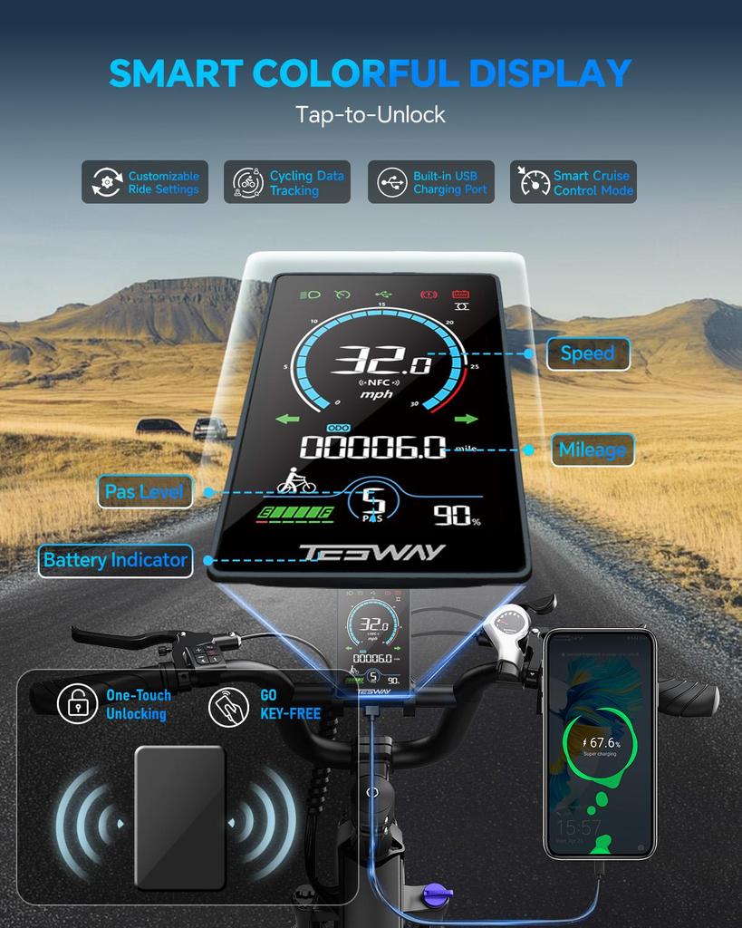 Tesway X7 AWD Electric Bike, Peak 3000W Dual Motor, 52V 60Ah Battery, Range 300km, 20*4.0'' Tires, 7 Speed, 8A Charger