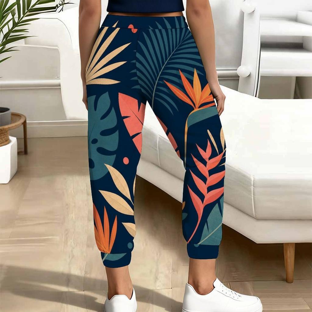 Women Plus Size Tropical Leaf Printed Drawstring Waist Cuffed Ankle Jogger Pants With Side Pockets
