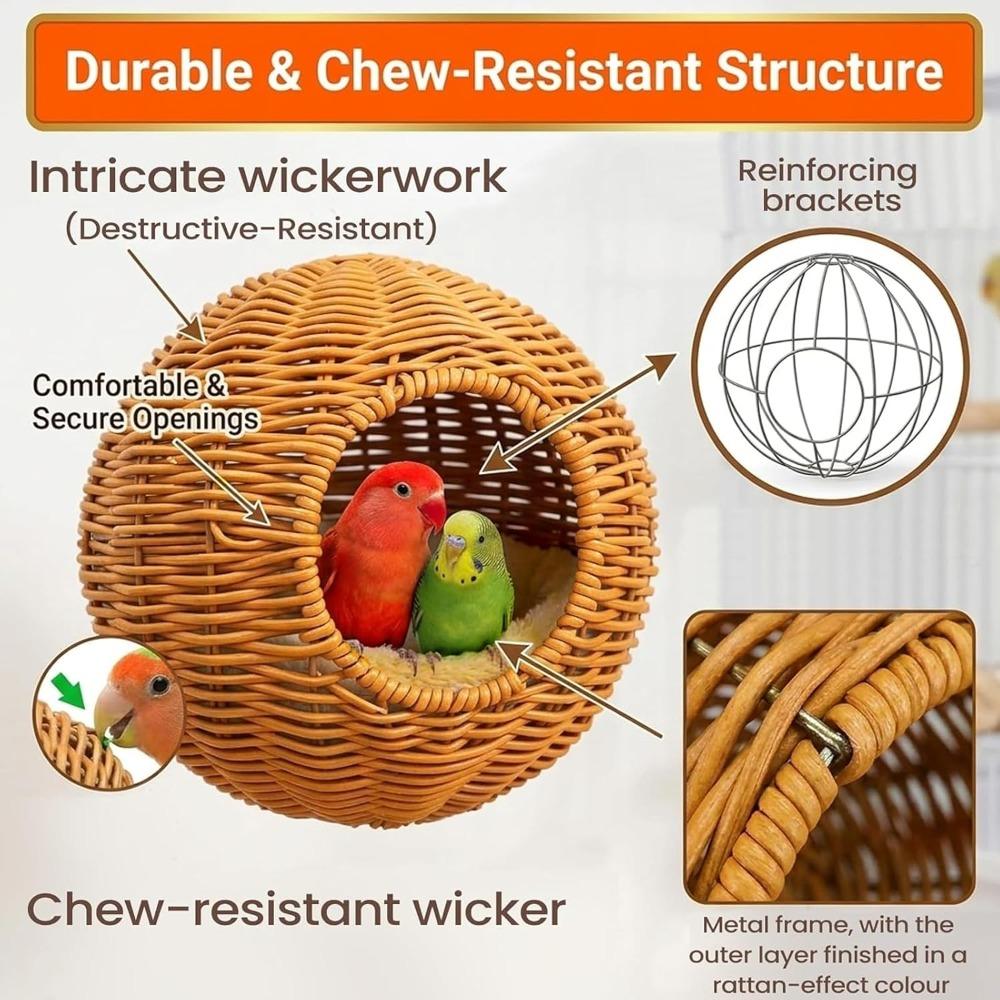 Rattan Bird Nest Chewproof Steel Frame Parakeet Nesting House for Cage, Small Bird Hammock Parrot Sleeping Bed with Soft Mat Suitable for Small Birds