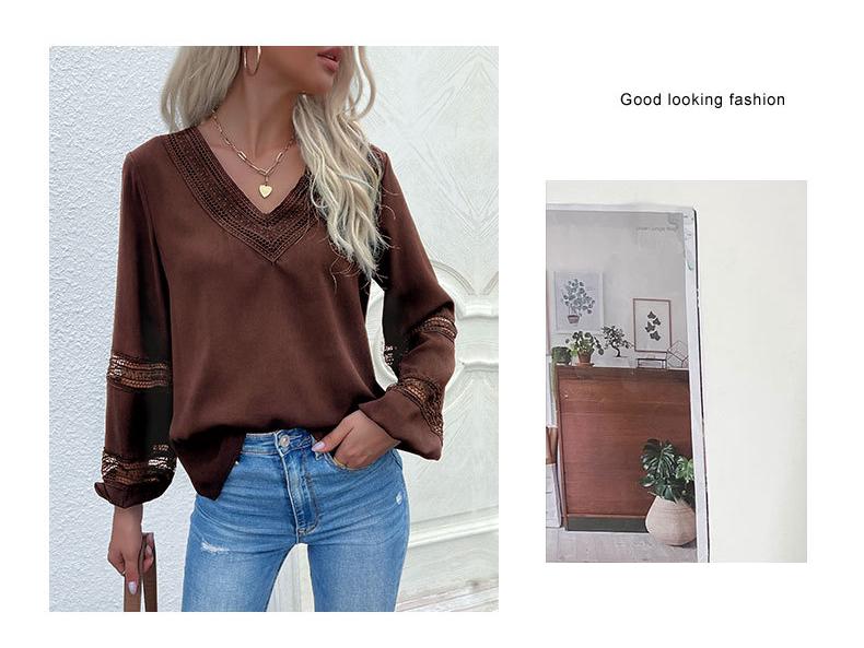 2022 Lace Patchwork Long Sleeve V-Neck Blouse - Women's Spring & Autumn Fashion
