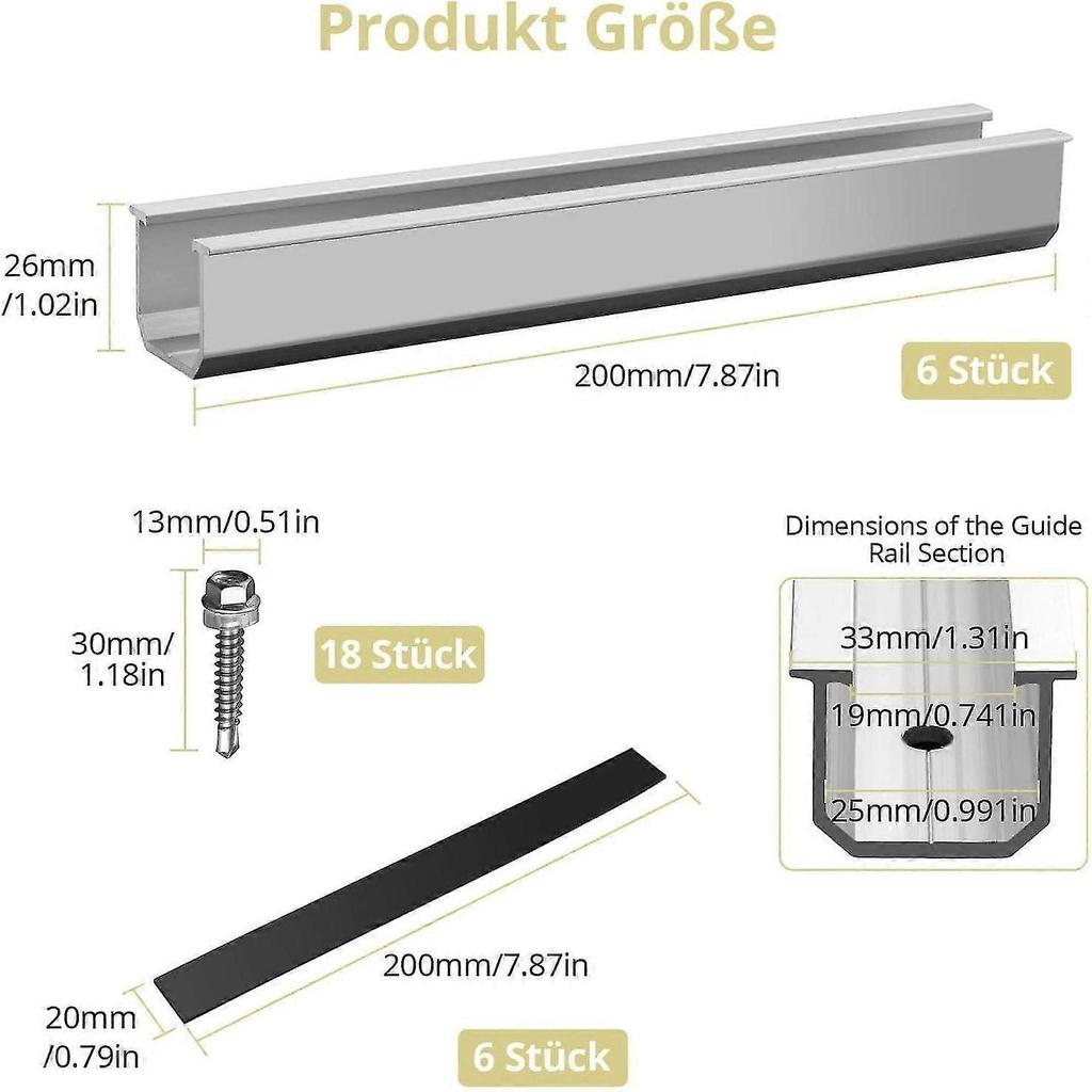 Panel Mounting Brackets, 6 Pieces 200mm Short Aluminum Mounting Rail Include M5.5 * 30mm Screws + Rubber Pads - DD