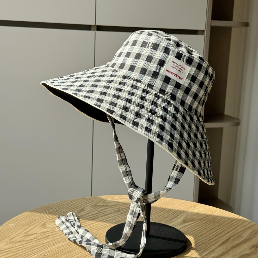 Wide-brimmed Double-sided Sun Protection Hat for Women, Spring and Summer Plaid Versatile Casual Fisherman Hat, Outdoor Travel Vacation Sun Hat