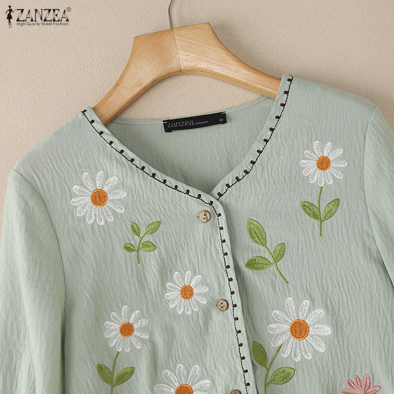 ZANZEA Damska codzienna bluzka z luźnym długim rękawem i kwiatowym haftem