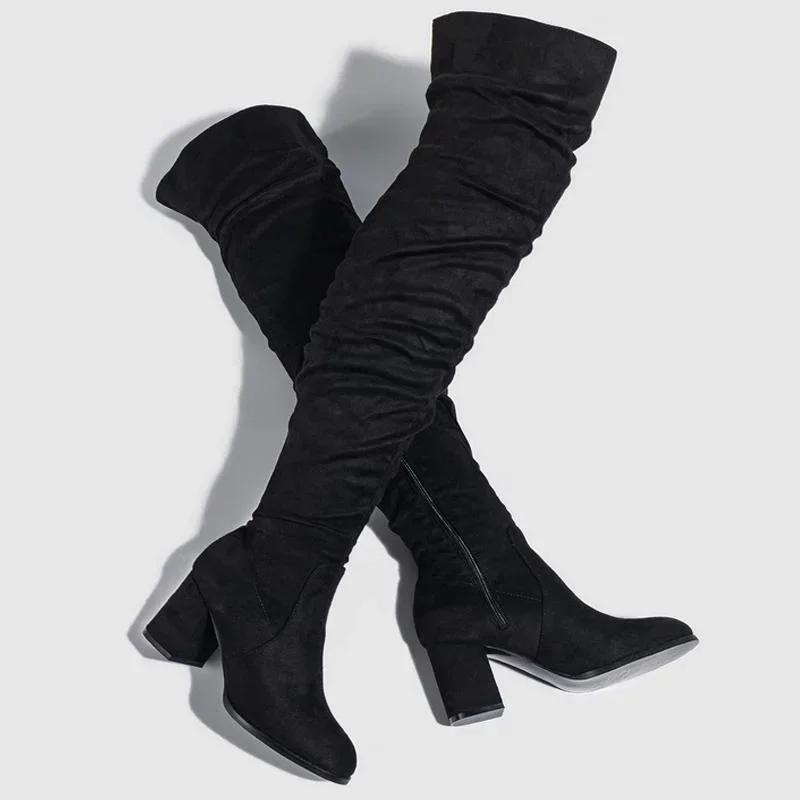 Women Flocks High Thick Heel Long Boots Lady Over The Knee Side Zipper Winter Boots Female Ruffle Office Fashion Boots 35 чёрный 4190₽