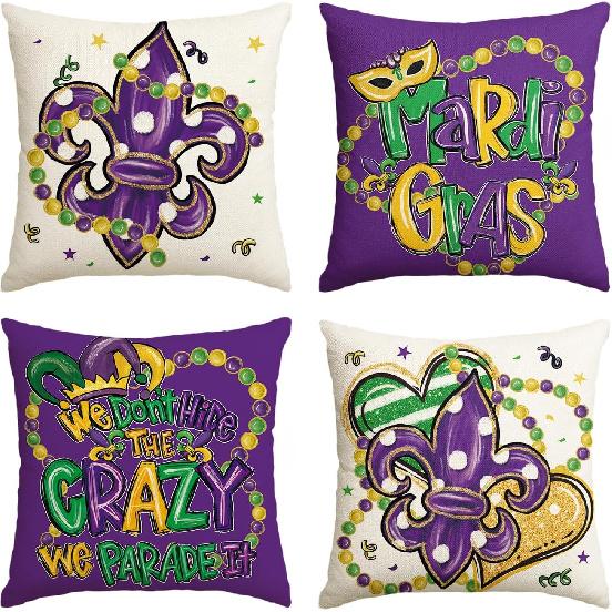 AVOIN colorlife Mardi Gras Fleur de Lis Heart Beads Throw Pillow Covers, 18 x 18 Inch We Don t Hide The Crazy We Parade It Holiday Party Carnival