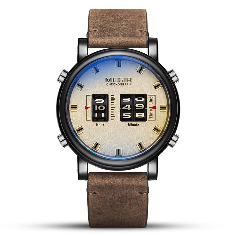 MEGIR 2137 Relojes Para Hombres Watches Men Military Sport Brown Leather Quartz Wrist Watch Luxury Drum Roller Relogio Masculino