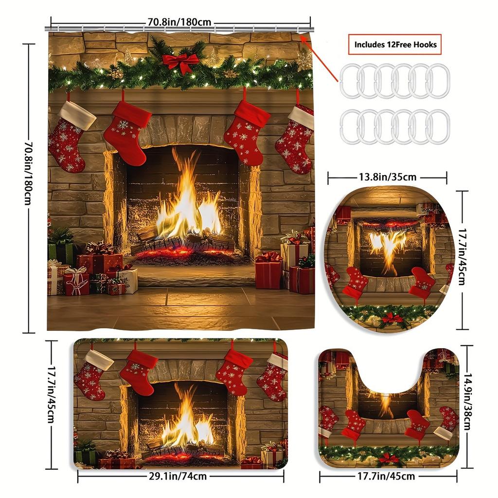 4Pcs Bathroom Shower Curtain Set Christmas Fireplace Pattern Bathroom Curtain With 12 Hooks Non Slip Rugs Toilet Cover Mat Bathroom Partition