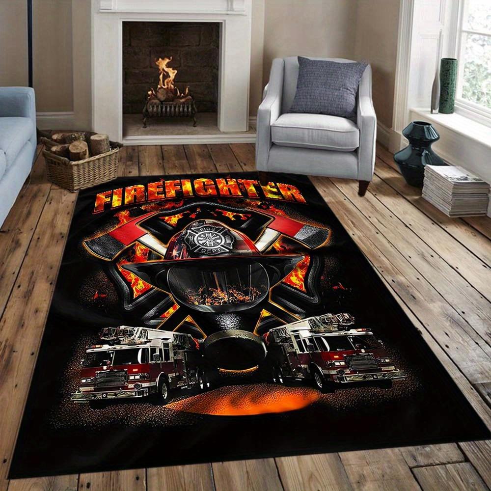 Fire Department Theme Area Rug - With Flames & Stars, Perfect for Living Room or Bedroom Decor, Adds Warmth & Style