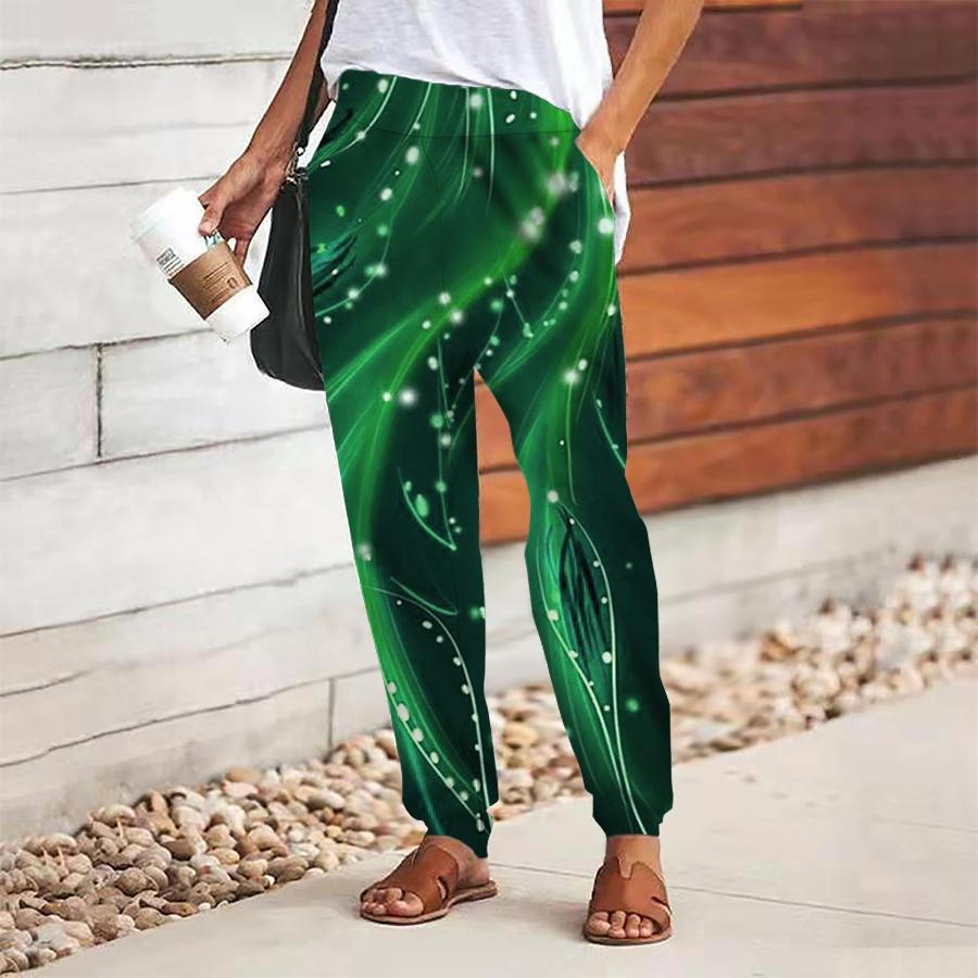 Women Abstract Printing Pants Lace Up Elastic Waist Loose Trousers Casual Long Pants Trousers with Pockets