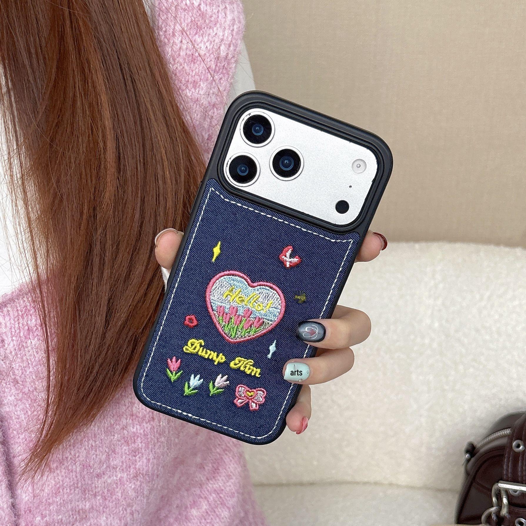 

Korean Embroidery Heart & Flower Denim Case for iPhone 14-17 Pro Max 13