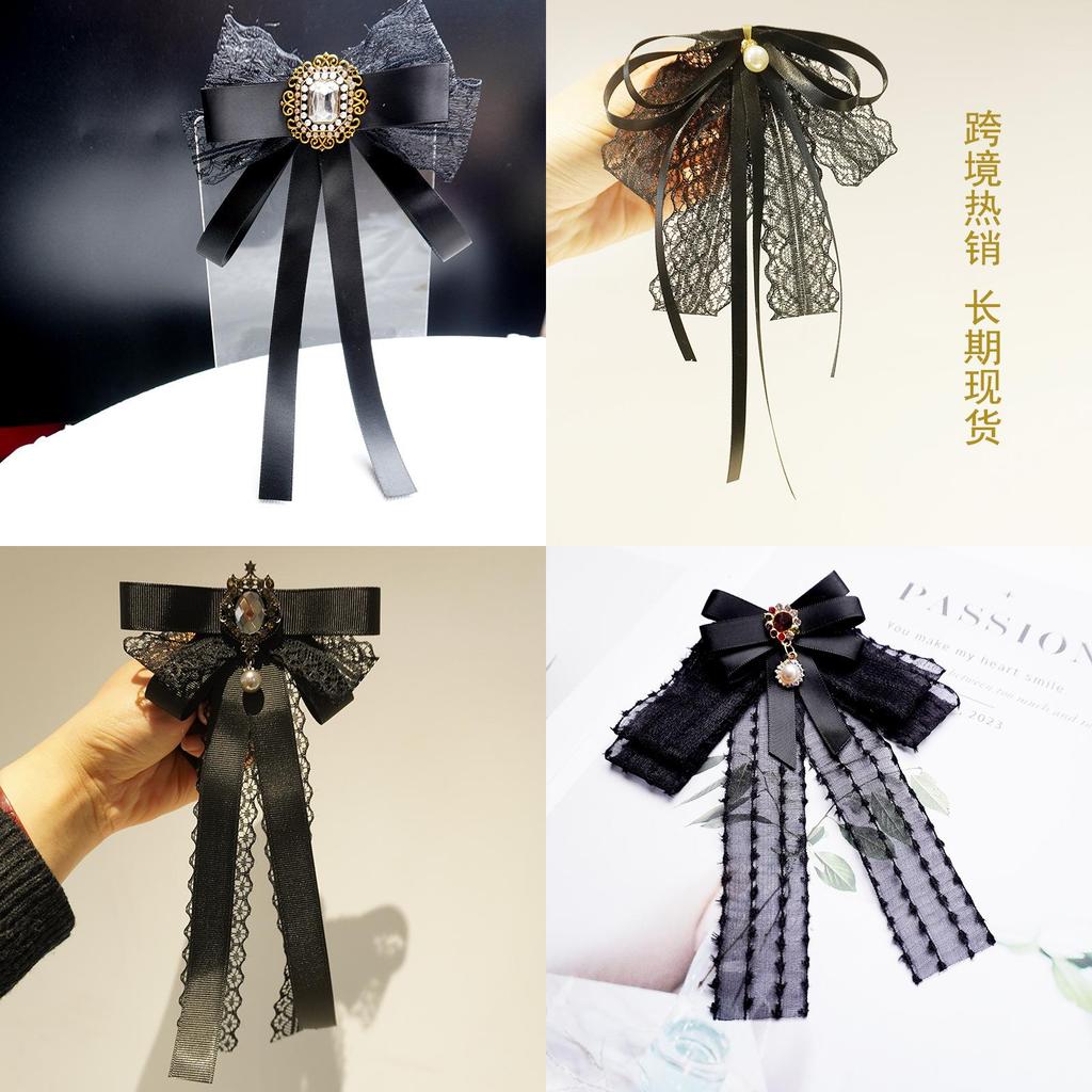 Black Lace Bow Tie With Rhinestone Brooch For Womens Fashion Accessory